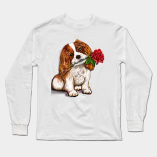 The Best Valentine’s Day Gift ideas 2022, cavalier king charles spaniel Cute puppy  dog with red rose in its mouth. Cavapoo dog Valentine’s day Long Sleeve T-Shirt